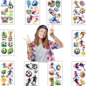 Detailed sheet of ten soccer themed temporary tattoos with trophies and hearts