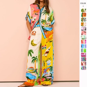 Tropical Print Satin Shirt And Wide Leg Pants Elastic Waist Casual Summer Vacation Style For Women