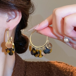 Golden hoop earrings featuring circular leopard resin pendants and polished metal charms