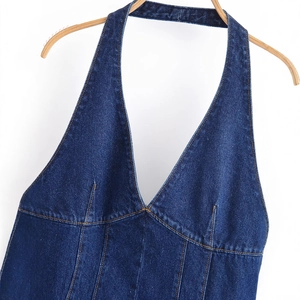 Haut en jean dos nu bleu foncé pour femme avec coutures jaunes contrastées