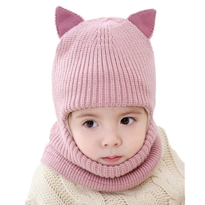 Pink knit baby hood with cat ears, fleece-lined integrated neck warmer for 2-5 years