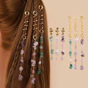 Ethnic gold spiral hair rings with natural stone charms for braids and dreadlocks