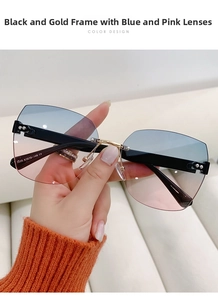 Detail of blue-pink gradient lenses on rimless sunglasses with black and gold frame