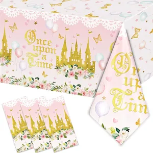Pink Princess Castle Party Tablecloth Plastic Paper Disposable Table Cover Girls Birthday Fairy Tale Theme Waterproof