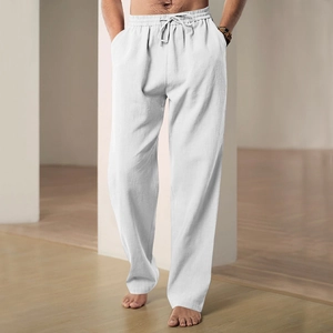 Men's casual white loose-fit trousers with drawstring waist and breathable cotton-linen texture
