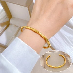 Bamboo Joint Cuff Bangle Titanium Steel Minimalist Open Adjustable Retro Chinese Style Bracelet For Women