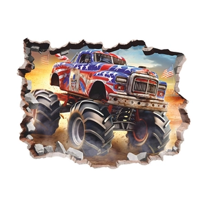 3D wall sticker featuring a monster truck breaking through wall with US flag design