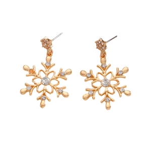 Macro view of crystal encrusted snowflake earrings with central pearls for Christmas