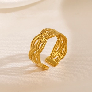 Bague Ouverte Tressée Plaqué Or 18 Carats Acier Inoxydable Texture Géométrique Bijoux De Mode Réglables Pour Femmes