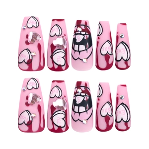 Pink heart press-on nails set with red fluid patterns and rhinestones for 3D gothic style