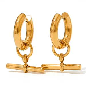 Polished gold stainless steel T-bar hoop earrings with a minimalist geometric design