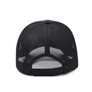 Classic black breathable mesh trucker cap with adjustable strap, rear view outdoors