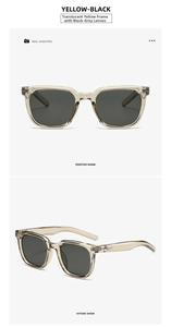 Detail view of square transparent yellow sunglasses with dark grey lenses and silver accents
