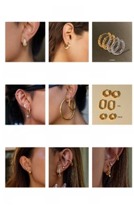 Close-up of chunky stainless steel gold hoop earrings with white zircon accents