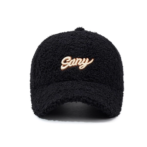 Winter black Sherpa baseball cap with beige Sany embroidery for warm outdoor style