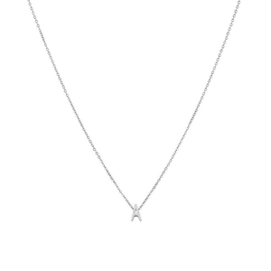 Minimalist silver chain necklace with a capital A letter pendant on a white background