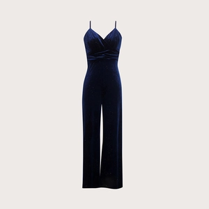 Detail of navy blue velvet jumpsuit featuring a sparkling finish and V-neckline
