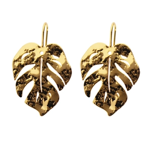 Polished gold monstera leaf dangle earrings with hammered texture for women