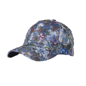 Unisex distressed denim baseball cap with vintage floral pattern and frayed edge details