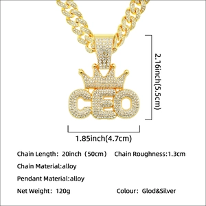 Hip hop gold plated Cuban link necklace with iced out CEO crown pendant and size specs