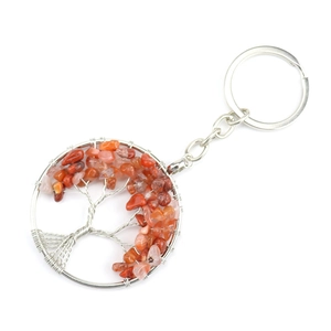Detailed close-up of tree of life keychain with orange crystal stones and silver wire