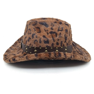 Detail of leopard print cowboy hat with studded leather band and fringe accents