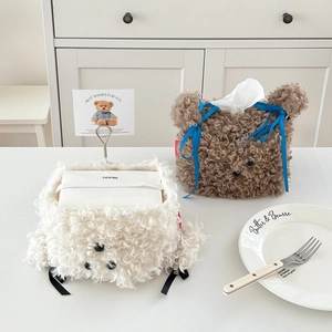 Cute plush puppy and bear tissue box cover with silk bow decoration for home decor