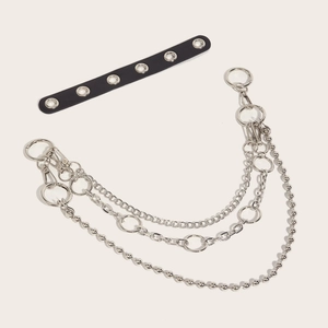 Double-layer silver metal wallet chain with black PU leather belt strap for hip-hop fashion