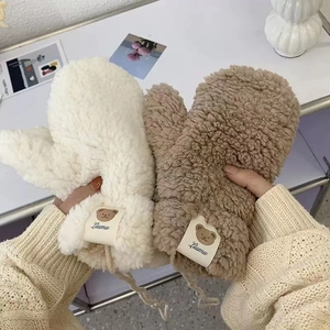 Women's Cute Bear Patch Embroidered Mittens Thickened Warm Cashmere Fleece Winter Gloves With Hanging Neck Rope For Students