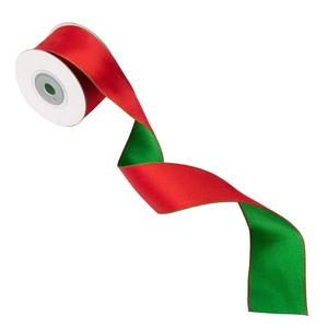Dual-sided red and green satin Christmas ribbon roll for festive DIY decor and gift wrapping
