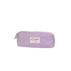 Light purple macaron pencil case with beige zipper and woven label for stationery storage