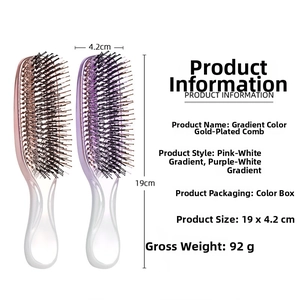 Detail view of electroplated scalp massage comb showing dimensions and gradient colors