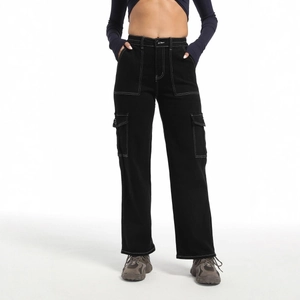 Women High Waist Cargo Pants Denim Contrast Stitching Wide Leg Straight Multi Pockets Casual Streetwear Trousers
