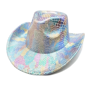 Detail of colorful metallic snake pattern and scale texture on Western cowboy hat