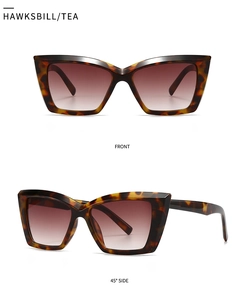 Macro detail of tortoiseshell cat-eye sunglasses with tea gradient lenses in dual views