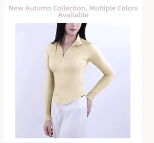 Détail de la veste de yoga sans couture jaune clair avec texture côtelée et ourlet en V