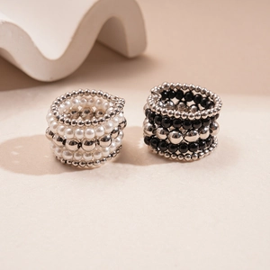 Multi-layer beaded open ring with faux pearls and metallic beads in black and silver
