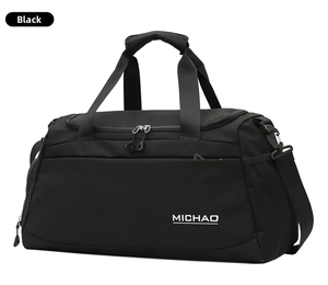 Large capacity black travel duffel bag with handles and shoulder strap for gym sport.