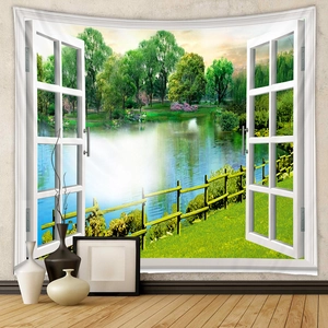 Detail of 3D window view wall tapestry with scenic lake and forest nature landscape