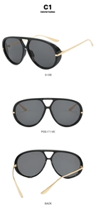 Three-view display of black pilot sunglasses with gold metal temples and double bridge