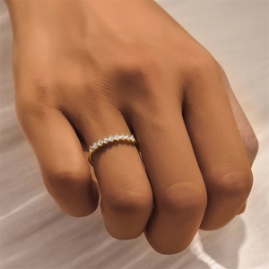 Close-up of elegant gold eternity ring band with sparkling micro-pave zircons