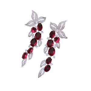 Elegant vintage leaf tassel earrings with red oval gemstones and zircon accents