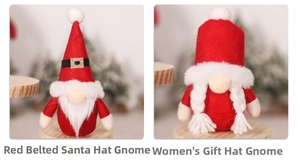 Detail of handmade Christmas gnome dolls with red felt hats and plush white beards