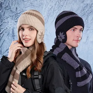Cappello E Sciarpa In Maglia Invernale Fodera In Pile Protezione Per Le Orecchie Antivento Righe Fiocco Di Neve Unisex Caldo