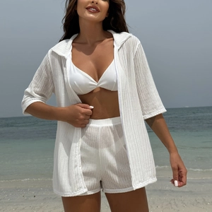 Women's Solid Color Beach Swimsuit Three-Piece Set Knitted Mesh Shirt Shorts Bikini Set For Vacation Summer Resort Wear