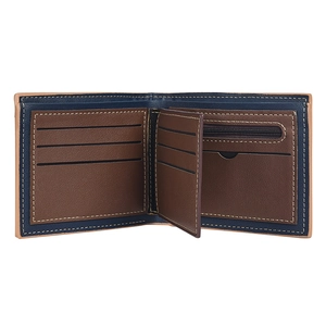 Detailed view of men's bifold wallet with multi-card slots and zippered coin pouch