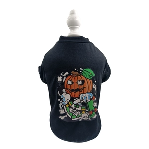 Detail of black pet T-shirt with Halloween pumpkin skateboard print on fabric