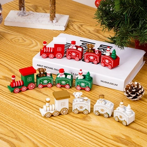 Christmas Wooden Train Decoration Mini Desktop Ornament Cartoon Snowman Bear Figurines Holiday Home Party Display Gift