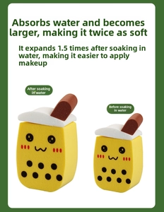 Bubble tea makeup sponge size comparison showing it grows 1.5x larger after wetting