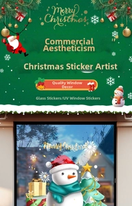 Close-up of UV printed Christmas window stickers featuring snowman and festive pine trees
